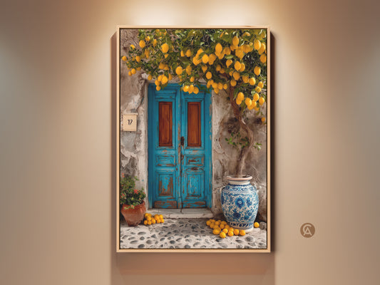 Lemon Tree Canvas Print featuring a Mediterranean blue door. This rustic boho wall decor brings sunny vibes to any space. The yellow and orange tones create a warm travel-inspired accent. It is perfect as kitchen art or a thoughtful housewarming gift.
