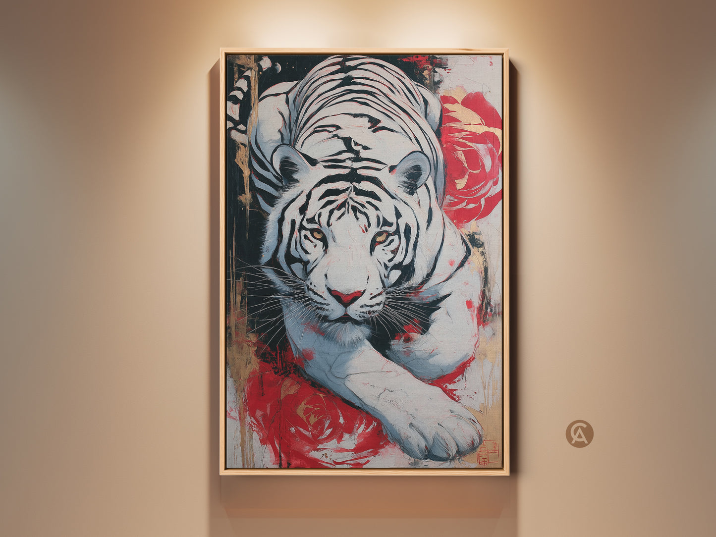 Expressive white tiger canvas art print with abstract red roses. This wildlife artwork offers a modern eclectic vibe. A bold animal painting brings a unique touch as bedroom or living room wall decor.