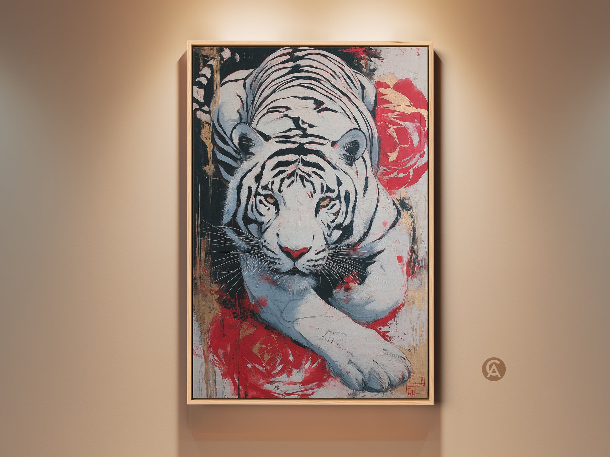 Expressive white tiger canvas art print with abstract red roses. This wildlife artwork offers a modern eclectic vibe. A bold animal painting brings a unique touch as bedroom or living room wall decor.