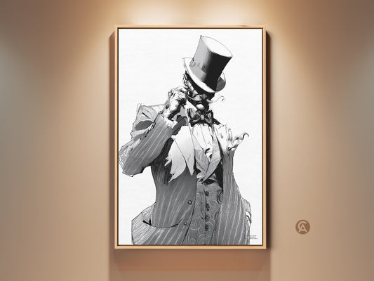 Framed vintage gentleman ink art in a room setting. This black and white character art print features a top hat sketch illustration. Perfect eclectic home decor artwork for study and office spaces. The art lover will appreciate this unique birthday gift.