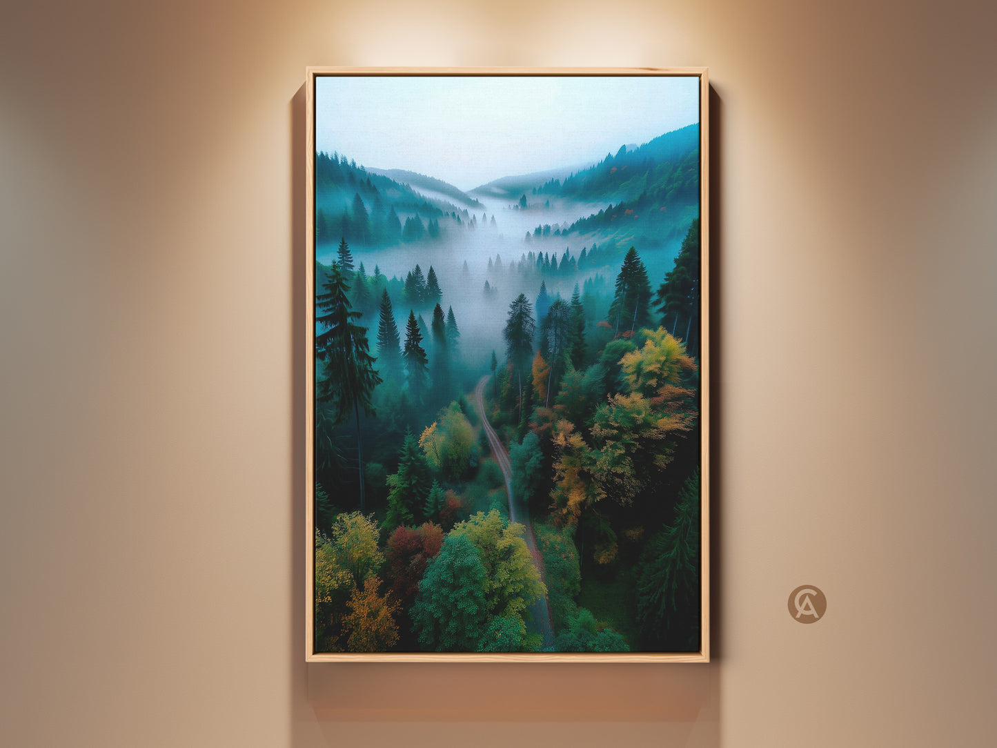Framed misty forest artwork. The framed canvas features a tranquil valley view. Fog drifts between evergreen trees. A peaceful nature scene for home decor in a floating frame.