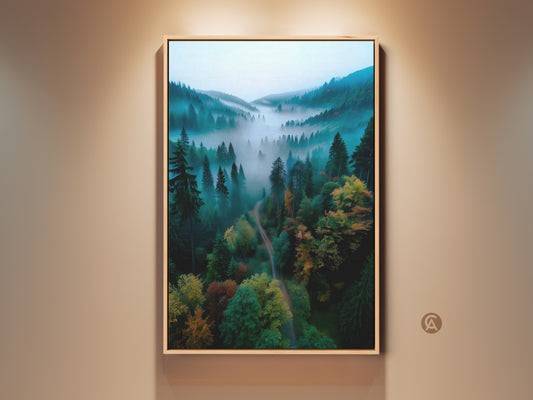 Framed misty forest artwork. The framed canvas features a tranquil valley view. Fog drifts between evergreen trees. A peaceful nature scene for home decor in a floating frame.