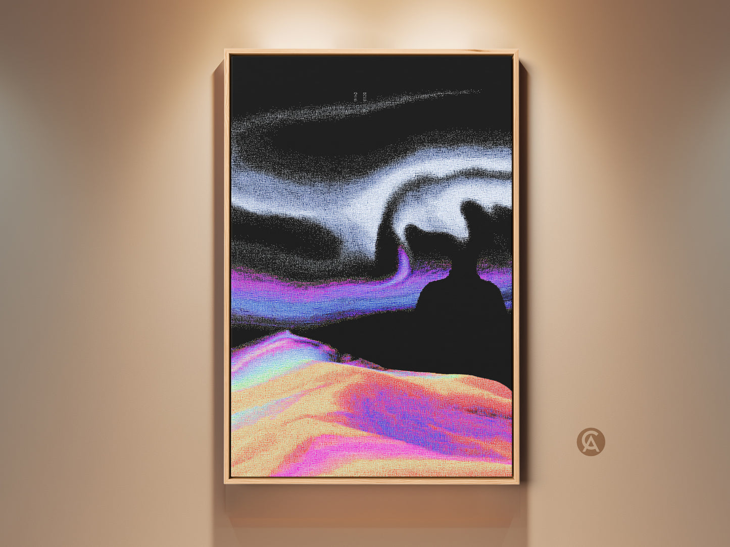 Vaporwave canvas art displayed in a room setting. The abstract glitch landscape print showcases surreal digital artwork. The black purple and white decor adds an eclectic touch to the modern wall hanging. This unique wall art is perfect as bedroom decor or as a gift for sci-fi fans and stargazers.