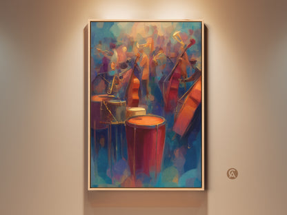 Expressionist jazz band canvas print is on display. The framed artwork features deep blue and orange hues. This eclectic wall decor is ideal for music lovers adding artistic flair to any space.