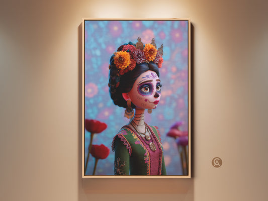Gallery view of the floral crown sugar skull canvas print. This vibrant day of the dead Mexican cultural art brings teal orange and purple hues to life. Add eclectic charm to your home decor with this unique calavera portrait wall art.