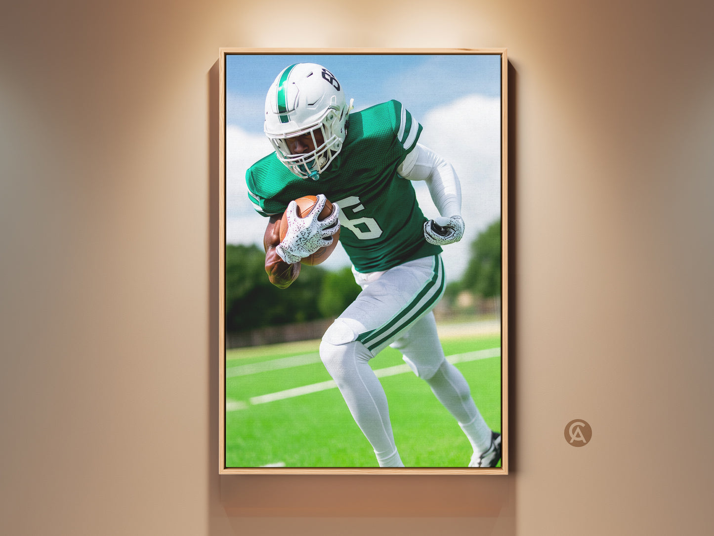 American Football Canvas Print is displayed in a Living room setting. The dynamic sports action wall art features Green and White. The artwork is a perfect Man Cave Decor. This is a great gift for a football fan.