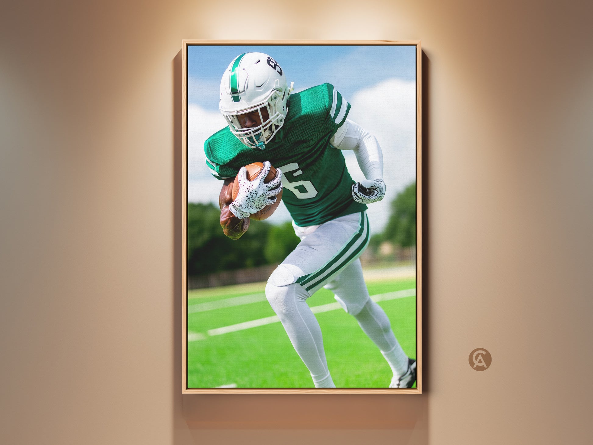 American Football Canvas Print is displayed in a Living room setting. The dynamic sports action wall art features Green and White. The artwork is a perfect Man Cave Decor. This is a great gift for a football fan.
