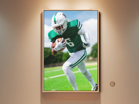 American Football Canvas Print is displayed in a Living room setting. The dynamic sports action wall art features Green and White. The artwork is a perfect Man Cave Decor. This is a great gift for a football fan.