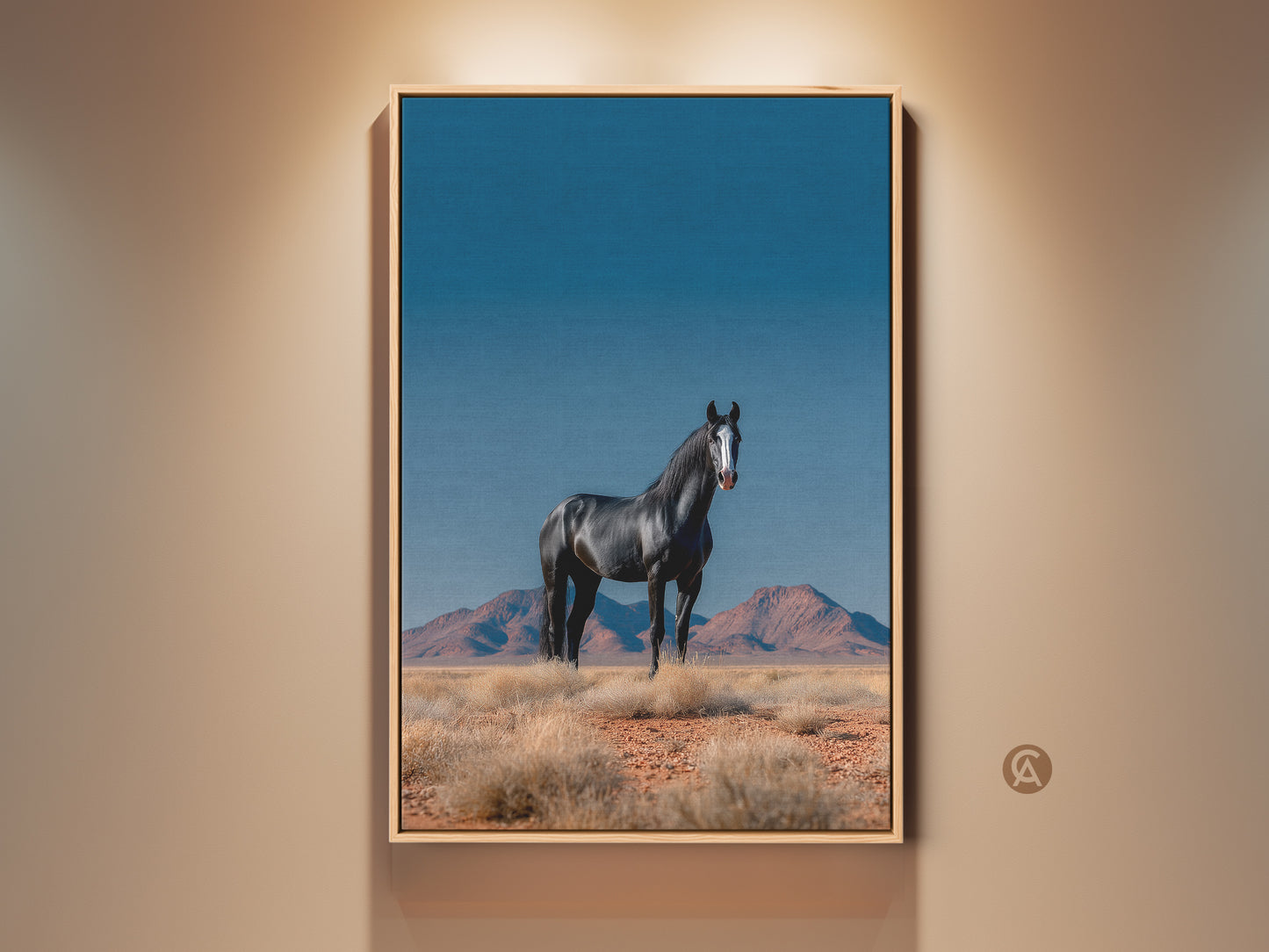 Framed equestrian wall art print featuring a photorealistic black horse in a desert landscape. This wildlife canvas adds modern farmhouse charm to any bedroom. A perfect gift for horse lovers. The brown wood frame enhances the rustic animal artwork.