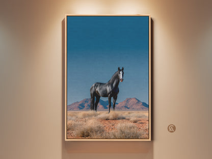 Framed equestrian wall art print featuring a photorealistic black horse in a desert landscape. This wildlife canvas adds modern farmhouse charm to any bedroom. A perfect gift for horse lovers. The brown wood frame enhances the rustic animal artwork.