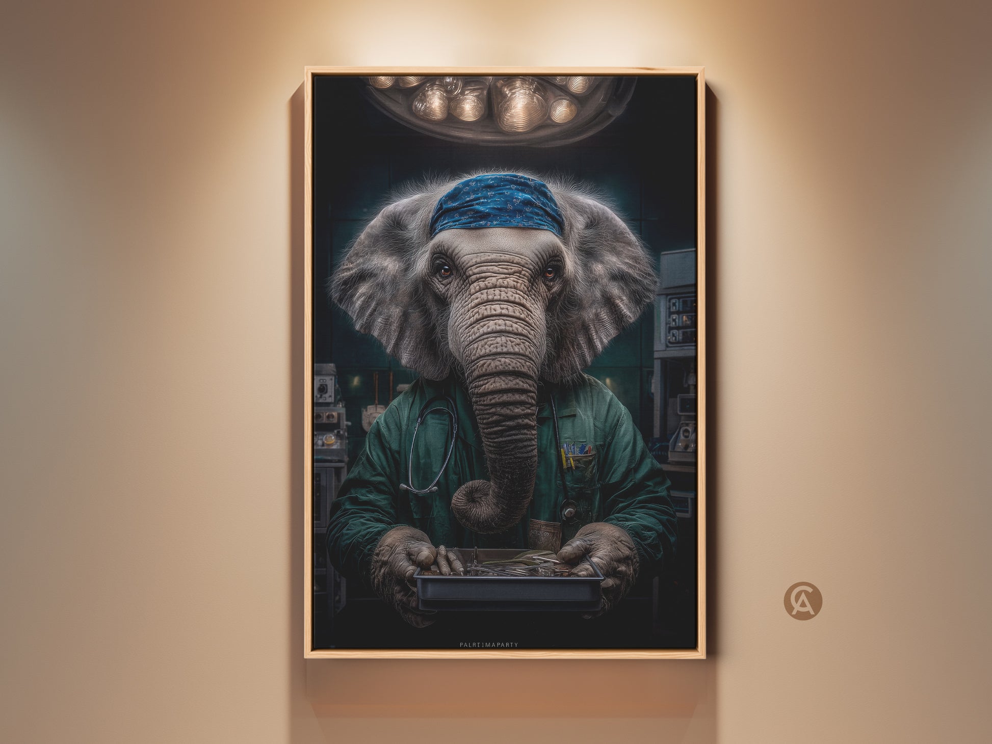 Elephant Doctor Wall Art canvas print is displayed in a neutral room. It's framed in a natural wood floating frame. The teal and green scrubs add a pop of color. This surreal medical animal art is ready to hang in an office or clinic.