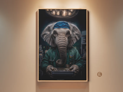 Elephant Doctor Wall Art canvas print is displayed in a neutral room. It's framed in a natural wood floating frame. The teal and green scrubs add a pop of color. This surreal medical animal art is ready to hang in an office or clinic.