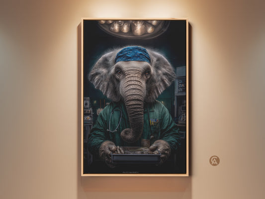 Elephant Doctor Wall Art canvas print is displayed in a neutral room. It's framed in a natural wood floating frame. The teal and green scrubs add a pop of color. This surreal medical animal art is ready to hang in an office or clinic.