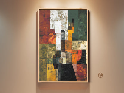 Framed abstract geometric artwork adds a modern touch. Contemporary terracotta orange green art complements any room. Textured blocks create a sophisticated look. It's a perfect housewarming gift.