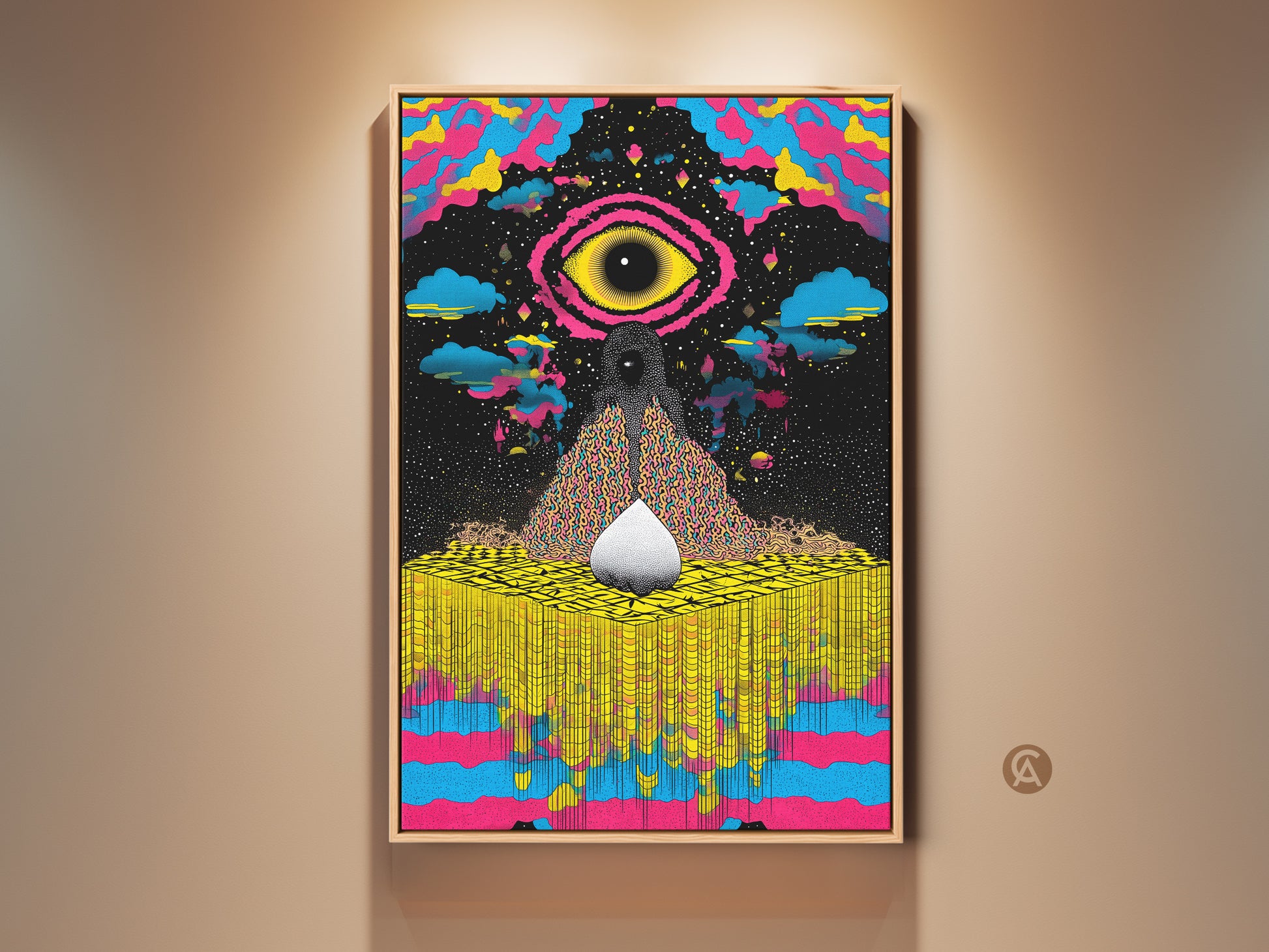 Framed abstract cosmic eye art print in a modern room setting. This yellow blue pink surreal canvas adds an eclectic touch. Perfect wall decor for bedrooms and offices giving a psychedelic vibe.