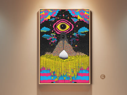 Framed abstract cosmic eye art print in a modern room setting. This yellow blue pink surreal canvas adds an eclectic touch. Perfect wall decor for bedrooms and offices giving a psychedelic vibe.