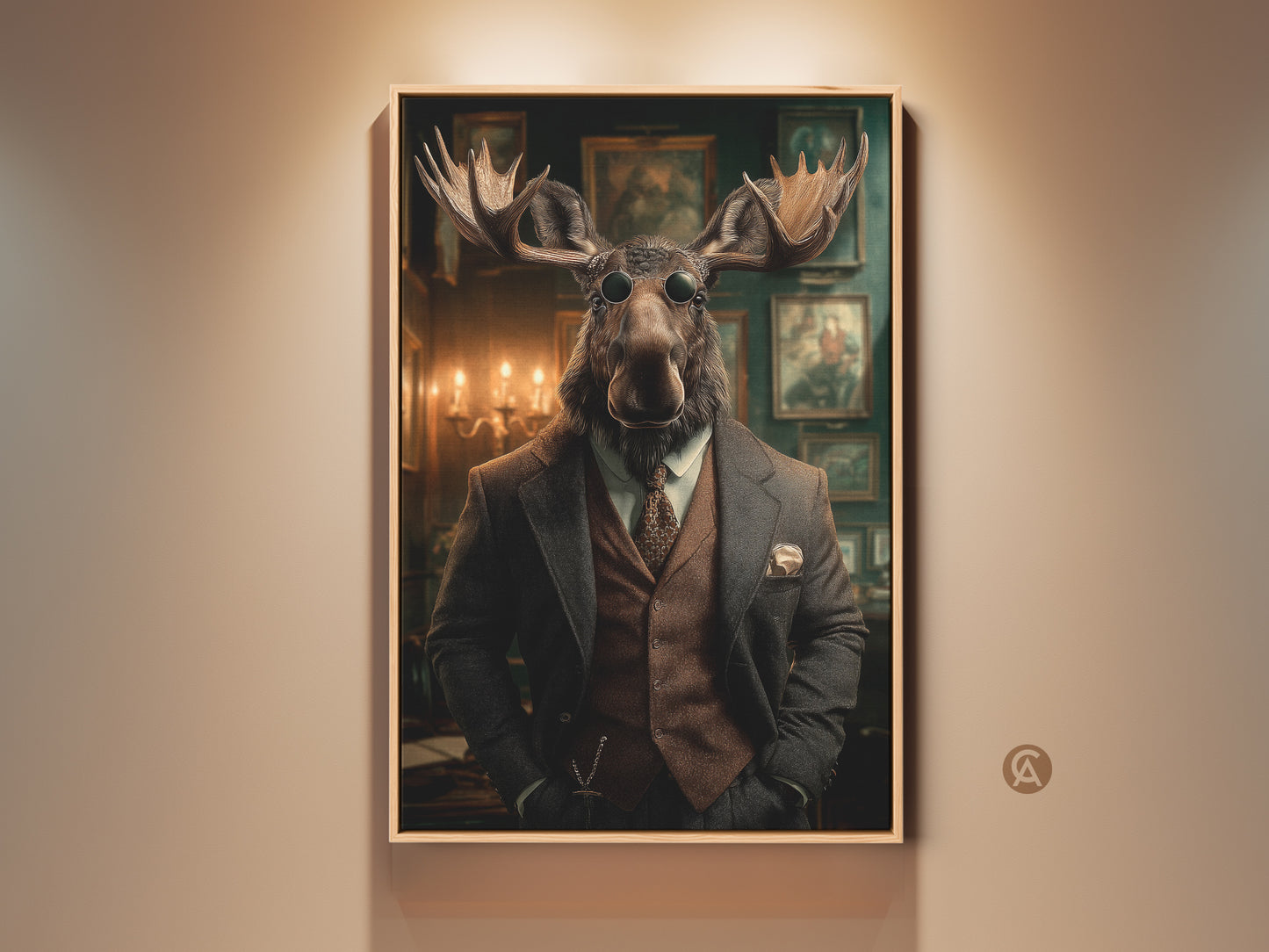 Victorian Moose Portrait canvas print showcases a steampunk gentleman. A dapper animal portrait adds eclectic office decor. This rich brown artwork is perfect for study room wall art. It provides old-world charm and sophisticated animal decor.