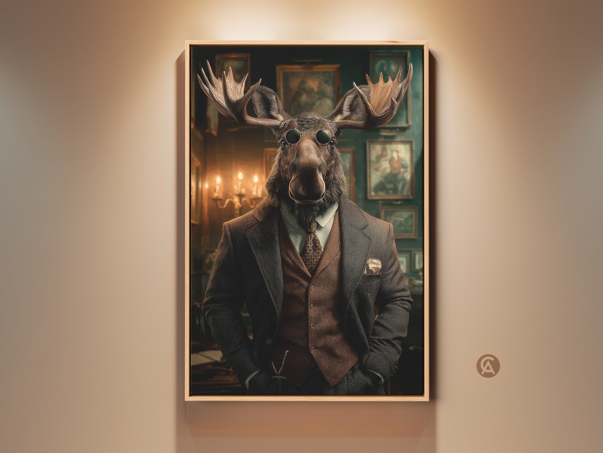 Victorian Moose Portrait canvas print showcases a steampunk gentleman. A dapper animal portrait adds eclectic office decor. This rich brown artwork is perfect for study room wall art. It provides old-world charm and sophisticated animal decor.