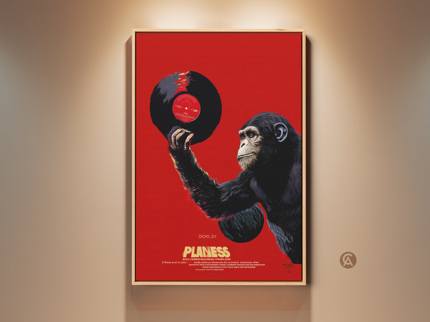 Chimpanzee vinyl record art canvas print. This retro pop art features a chimpanzee holding a vinyl record. The eclectic music wall art has dark gray and red tones. A unique gift for record collectors. This chimpanzee portrait canvas adds artistic flair to any space.