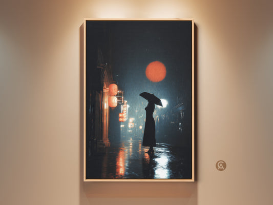 Framed contemporary wall art print displays a cinematic urban cityscape. A woman with an umbrella walks on a rainy night street. Red lanterns and orange sun art give moody travel decor. Perfect housewarming gift.
