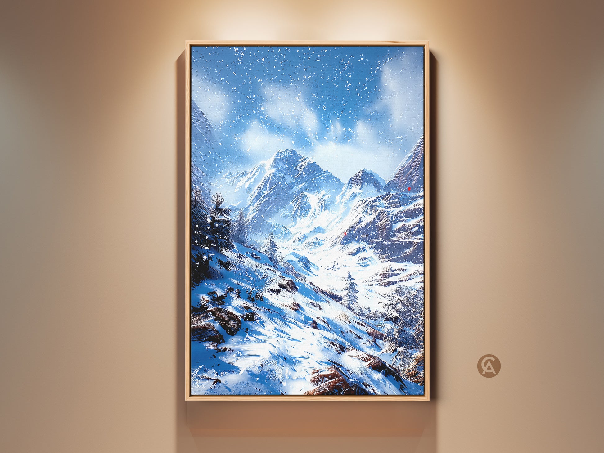 Framed rustic winter mountain landscape art. This snowy mountain range artwork is perfect for bedroom wall decor. A blue and white print brings cozy lodge charm. This canvas art is a great gift for skiers and snowboarders.