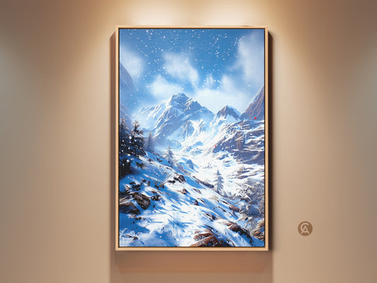 Framed rustic winter mountain landscape art. This snowy mountain range artwork is perfect for bedroom wall decor. A blue and white print brings cozy lodge charm. This canvas art is a great gift for skiers and snowboarders.
