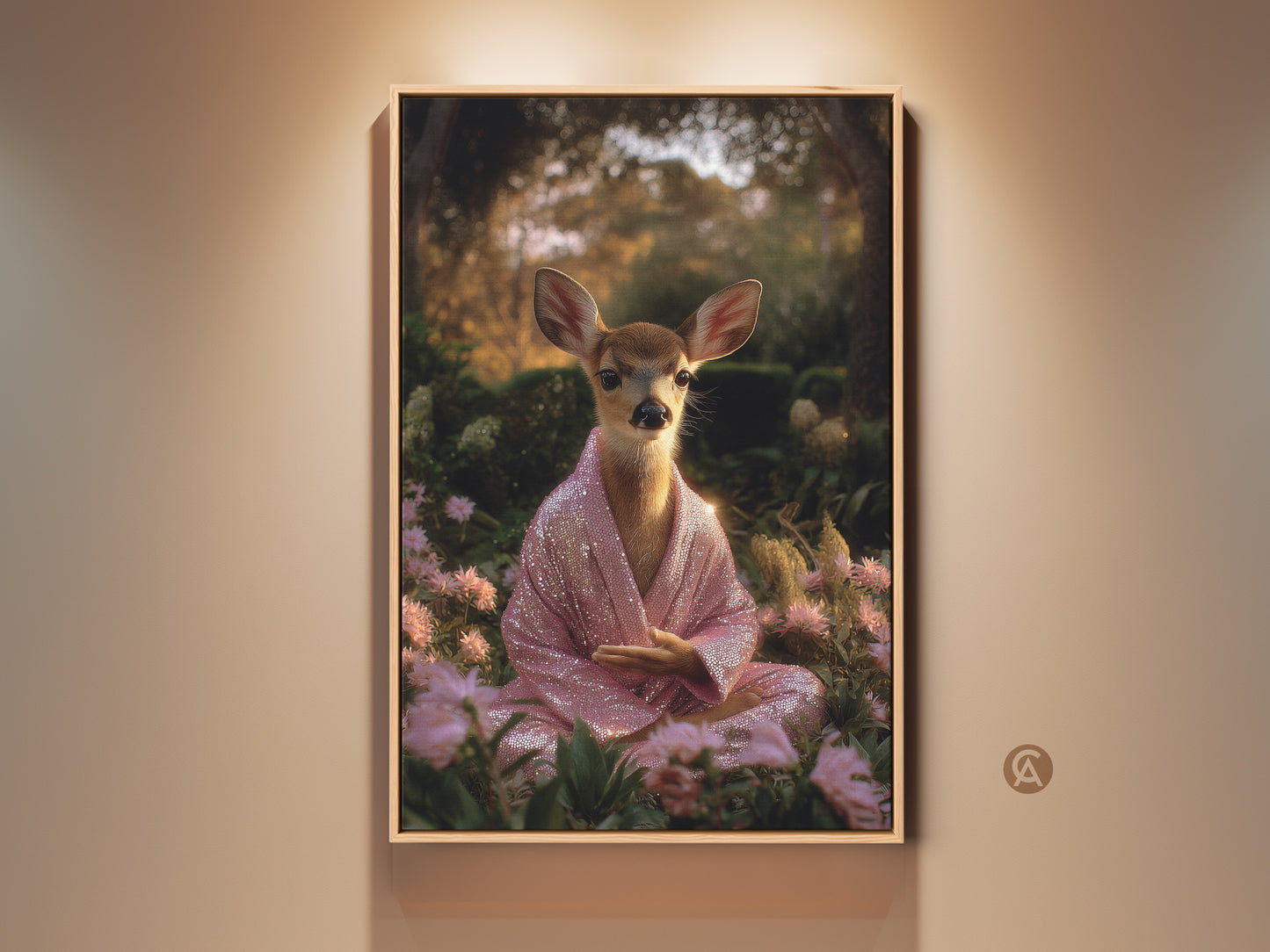 Framed boho spiritual deer art print. This meditation fawn wears a pink sequin robe. This yoga & meditation decor brings calm. It's a unique animal wall art gift. The serene art has soft pink flowers.