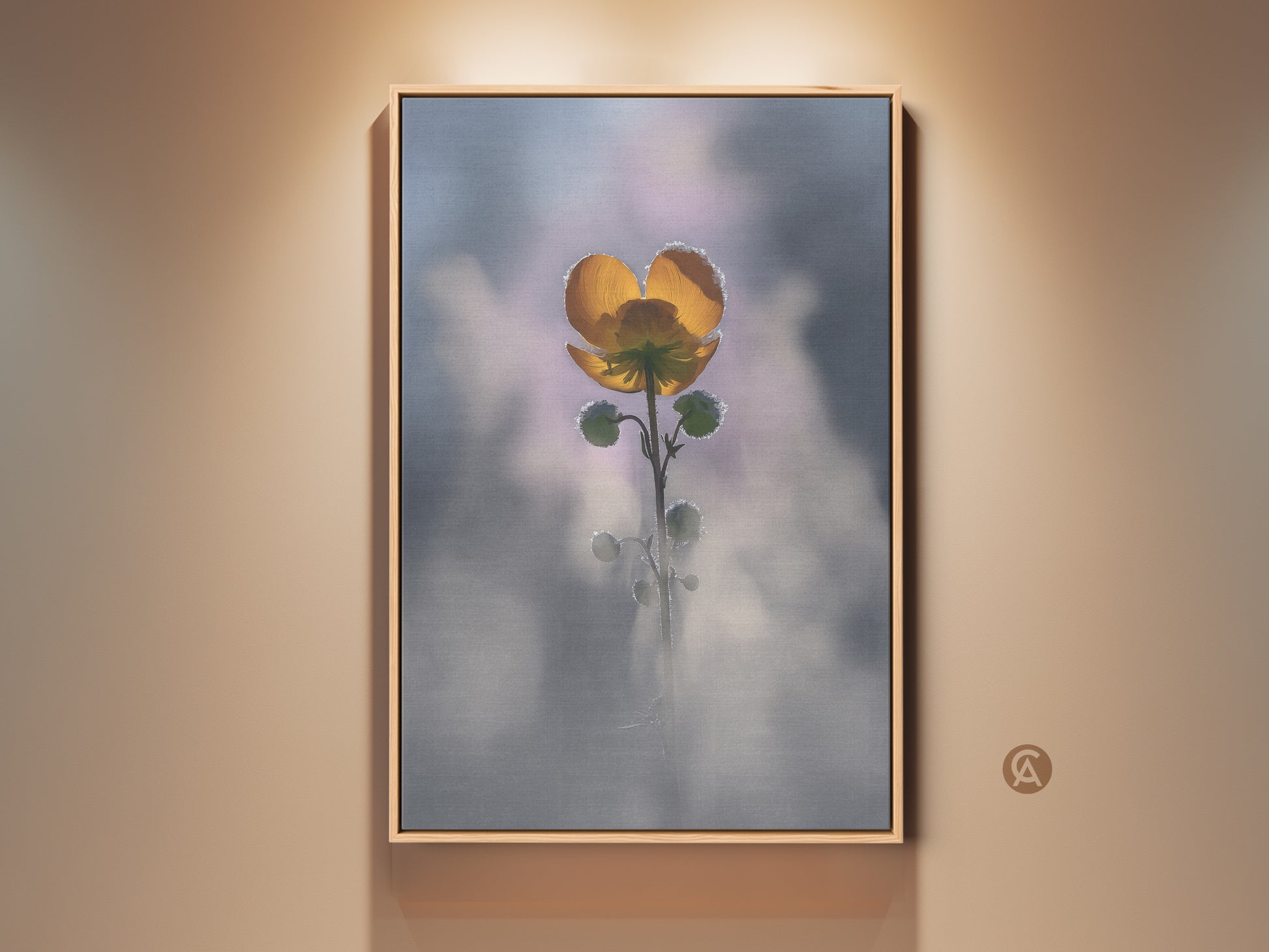 Framed yellow buttercup art print on a beige wall. Macro nature photography brings botanical beauty to any room. Soft focus artwork for a boho bedroom or a thoughtful gift for plant lovers. The frame enhances the delicate floral art.