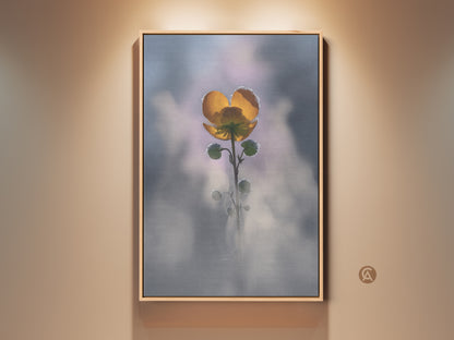 Framed yellow buttercup art print on a beige wall. Macro nature photography brings botanical beauty to any room. Soft focus artwork for a boho bedroom or a thoughtful gift for plant lovers. The frame enhances the delicate floral art.