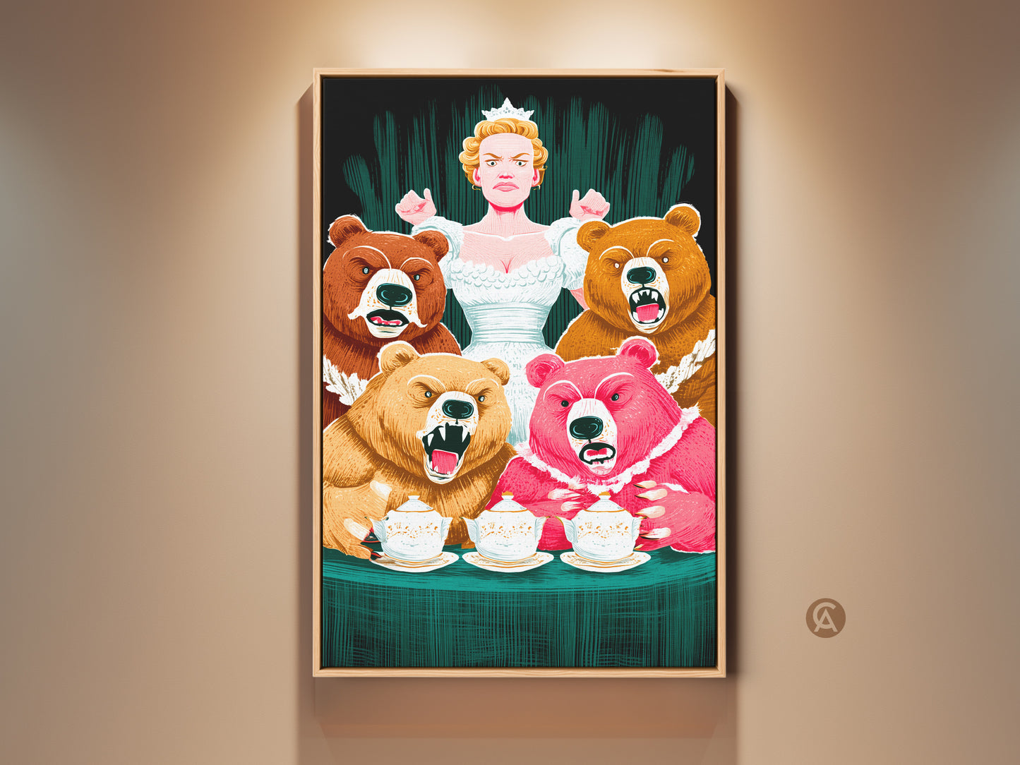 Framed fantasy Bear Queen art print on a neutral wall. This eclectic animal artwork features a queen with bears. It adds whimsy to study or office decor. The pink orange and emerald color palette makes it a unique gift.