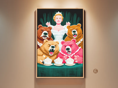 Framed fantasy Bear Queen art print on a neutral wall. This eclectic animal artwork features a queen with bears. It adds whimsy to study or office decor. The pink orange and emerald color palette makes it a unique gift.