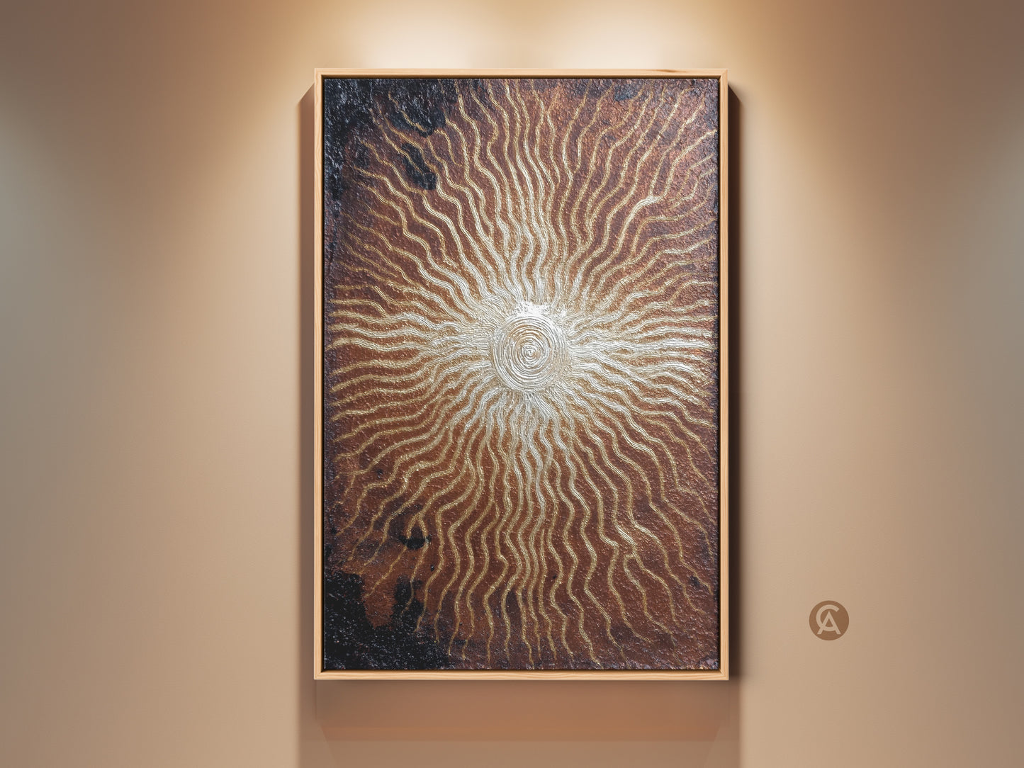 Bronze gold sunburst canvas print. Abstract spiral wall artwork adds an eclectic touch to your entryway. The textured metallic finish complements many home decor styles. It's a luxurious modern piece and an ideal housewarming gift for art enthusiasts.