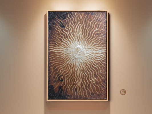 Bronze gold sunburst canvas print. Abstract spiral wall artwork adds an eclectic touch to your entryway. The textured metallic finish complements many home decor styles. It's a luxurious modern piece and an ideal housewarming gift for art enthusiasts.