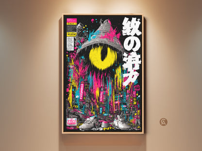 Eye-catching canvas art print. This vibrant artwork features a surreal cityscape with a central eye motif. The piece combines Japanese text with neon colors. Perfect for modern art lovers this framed canvas adds a bold statement to any room. Shop now and elevate your home decor with this unique art.