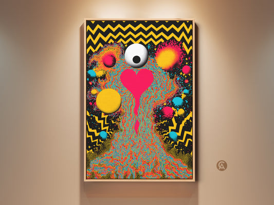 Framed psychedelic eye heart canvas artwork displayed on a wall. This colorful surreal art piece is perfect for office decor. The artwork features bold yellow red and blue hues a unique gift for any art lover.