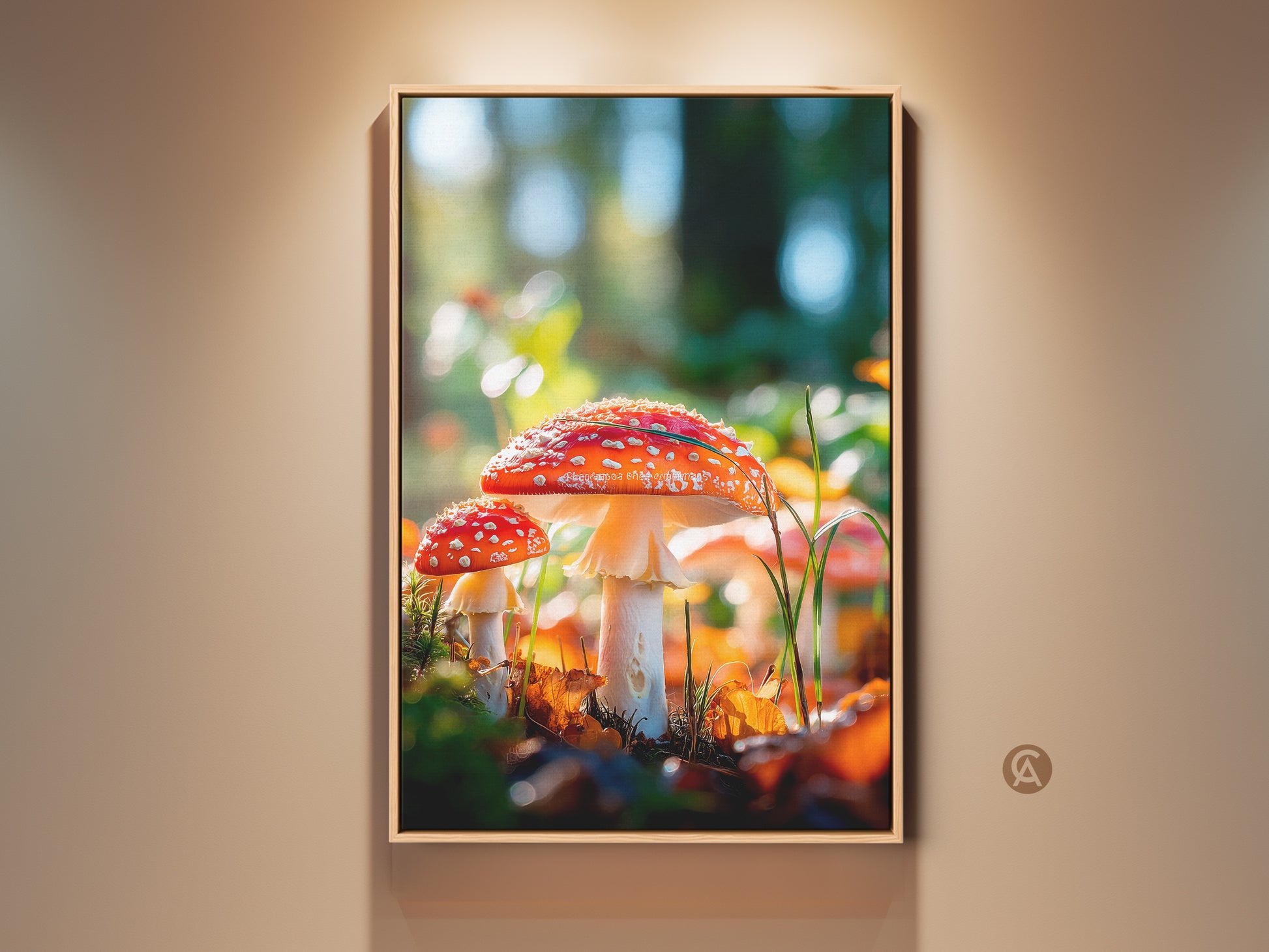 Framed mushroom art print. This vibrant mushroom artwork is displayed in a warm oak frame. The art features two red capped mushrooms. Perfect wall art for nature lovers.  