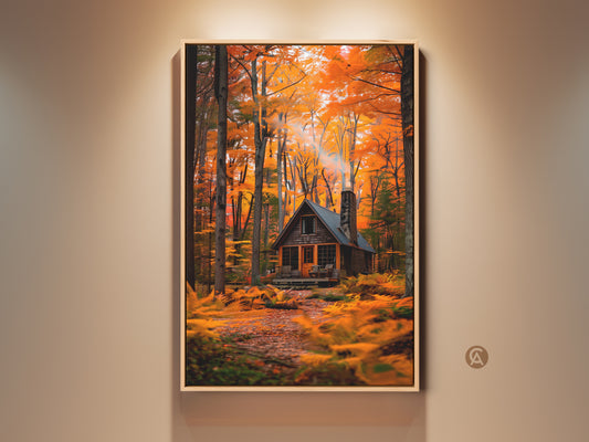 Framed artwork of a cozy cabin in the autumn woods. The cabin emits smoke from its chimney. The trees have vibrant orange leaves. Purchase this cabin in the woods art print today. Decorate your home with cozy fine art.