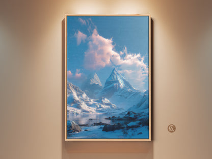 Framed canvas artwork showcasing a serene winter mountain landscape. The art piece features snow-covered peaks and a calm lake reflecting the sky. The artwork is displayed in a light wood frame adding a touch of natural elegance.