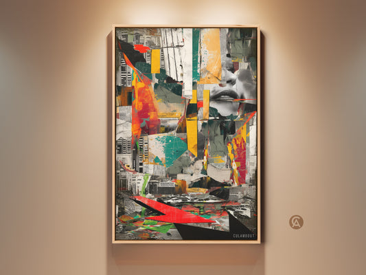 Framed abstract face collage art hangs on a beige wall. This contemporary geometric art print features a yellow red and teal palette. It's eclectic home decor for a study room. This wall art makes a unique housewarming gift.