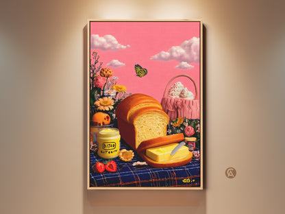 Surreal bread and butter art print displays in a natural wood frame. This whimsical kitchen wall art showcases against a pink sky with clouds and a butterfly. The eclectic food poster is a unique housewarming gift.