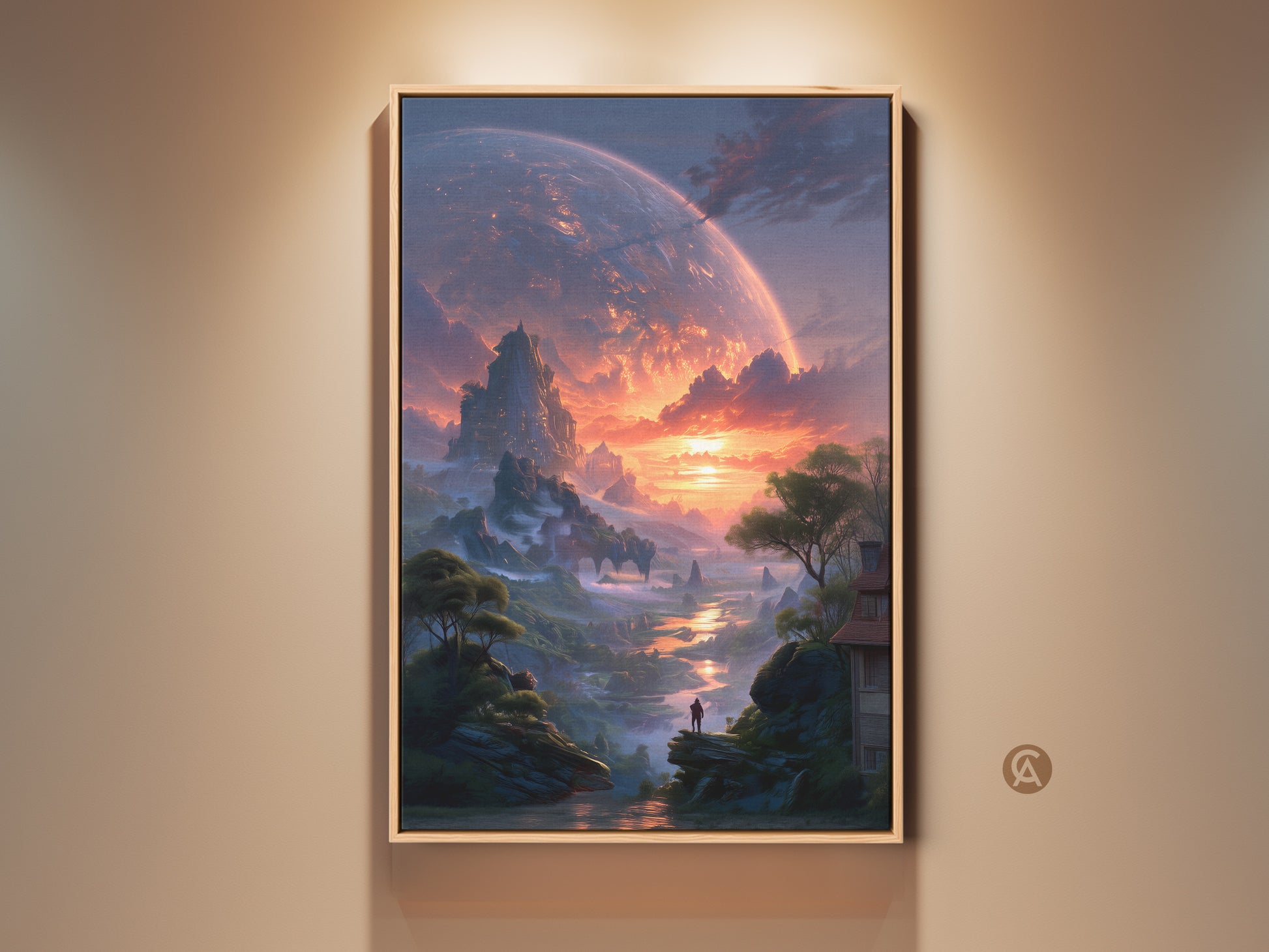 Sci-fi digital painting displayed in a natural wood frame. The artwork features an alien planet landscape. Experience a dreamy view with fiery orange and deep blue hues. The contemporary print makes a perfect study or home office wall decor. Enhance your space with this unique piece of art that sparks conversation.
