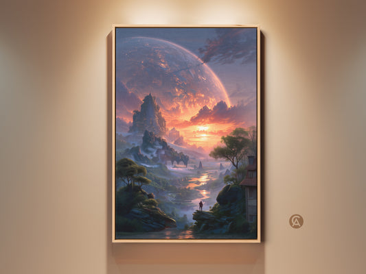 Sci-fi digital painting displayed in a natural wood frame. The artwork features an alien planet landscape. Experience a dreamy view with fiery orange and deep blue hues. The contemporary print makes a perfect study or home office wall decor. Enhance your space with this unique piece of art that sparks conversation.