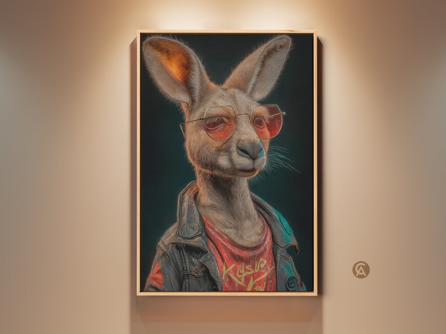A framed Kangaroo art print is displayed on a beige wall. This streetwear kangaroo is wearing a biker jacket. The artwork is lit from above. The art is a cool gift for dad. This wall art is a unique home accent.