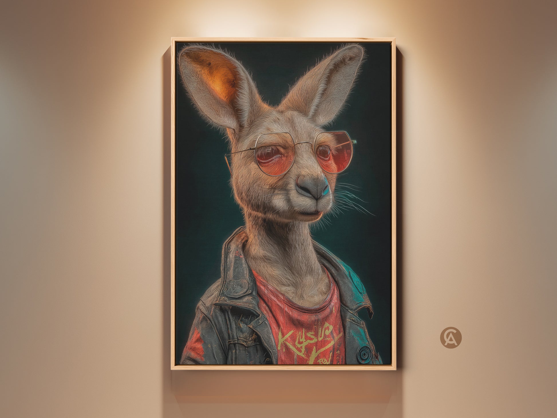 A framed Kangaroo art print is displayed on a beige wall. This streetwear kangaroo is wearing a biker jacket. The artwork is lit from above. The art is a cool gift for dad. This wall art is a unique home accent.