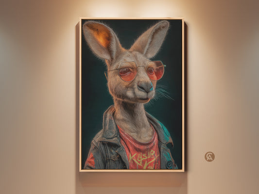 A framed Kangaroo art print is displayed on a beige wall. This streetwear kangaroo is wearing a biker jacket. The artwork is lit from above. The art is a cool gift for dad. This wall art is a unique home accent.
