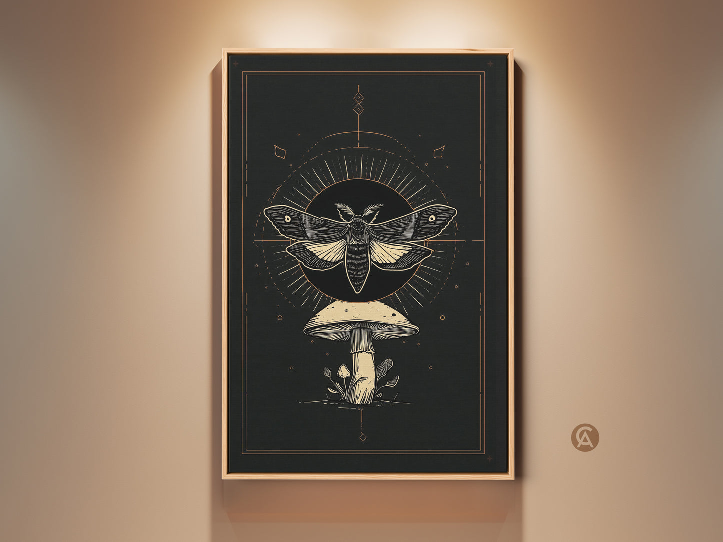 Moth and Mushroom Art Print in a frame. This Gothic celestial wall art features a dark academia botanical insect decor. The cream and gold occult artwork is perfect for esoteric home art. This unique wall hanging adds intrigue to your space.