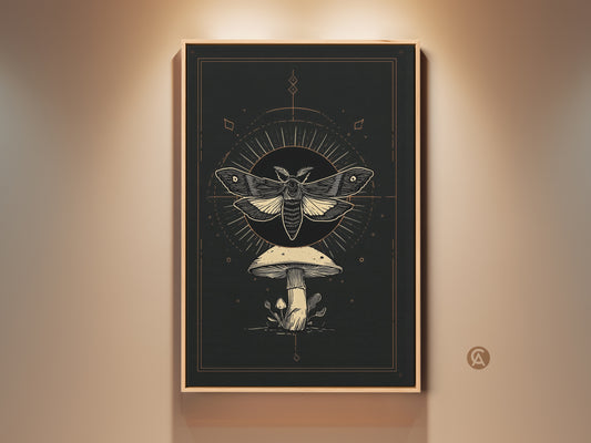 Moth and Mushroom Art Print in a frame. This Gothic celestial wall art features a dark academia botanical insect decor. The cream and gold occult artwork is perfect for esoteric home art. This unique wall hanging adds intrigue to your space.