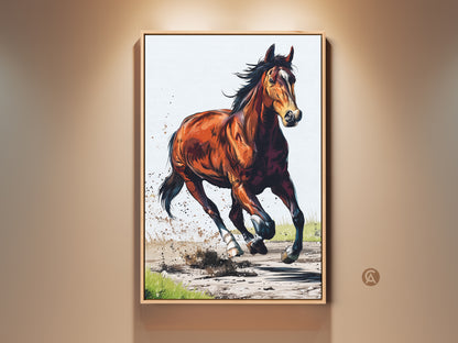 Galloping horse canvas print in a study room setting. Expressive wildlife art in rustic chestnut and orange tones. Dynamic animal artwork adds energy to the space. Shop now for equestrian home decor.