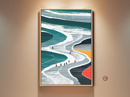 Framed Abstract Snowboarder Canvas Print showcases teal and white minimalist ski slope artwork This modern wall decor piece is perfect as a winter sports gift The artwork is displayed under warm lighting in a neutral room providing a cozy ambiance The wooden frame adds a touch of elegance and sophistication