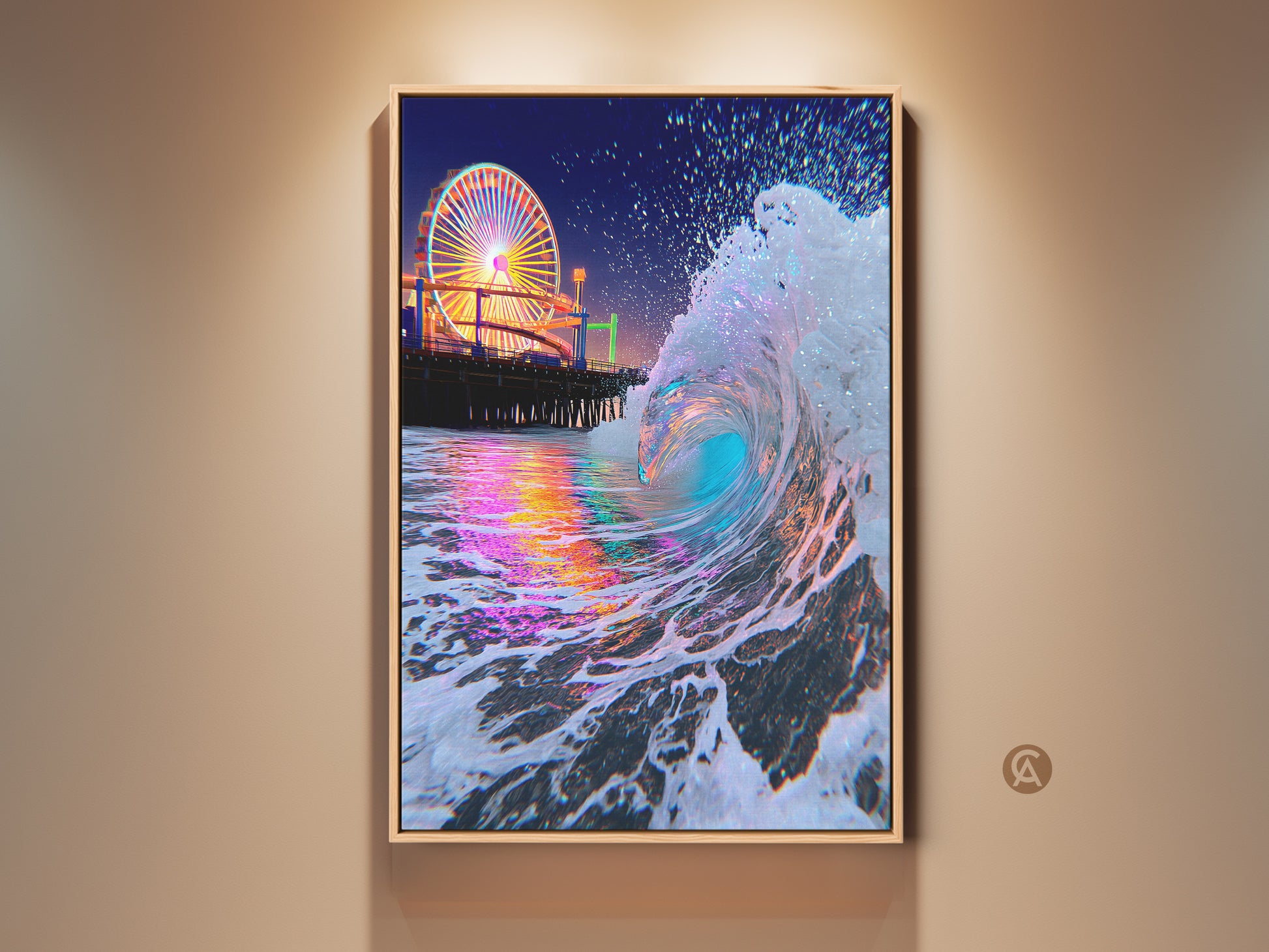 Teal blue and pink ocean wave art print in a frame. A vibrant wave crashes near a pier at night. A Ferris wheel glows adding nightlife vibes to coastal beach decor. Perfect travel artwork for your home.